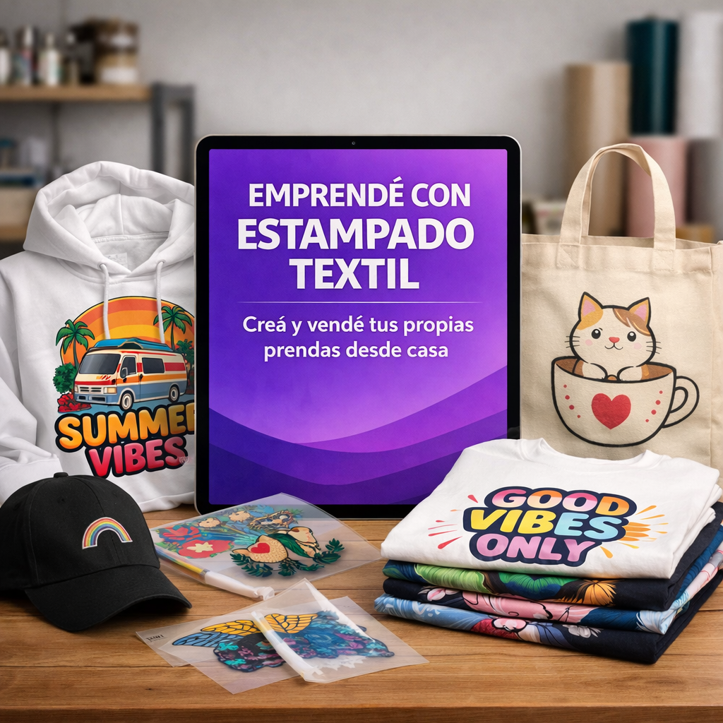 Emprendé con Estampado Textil: Curso Práctico con Plancha Casera + 4 Bonos de Regalo 🎁